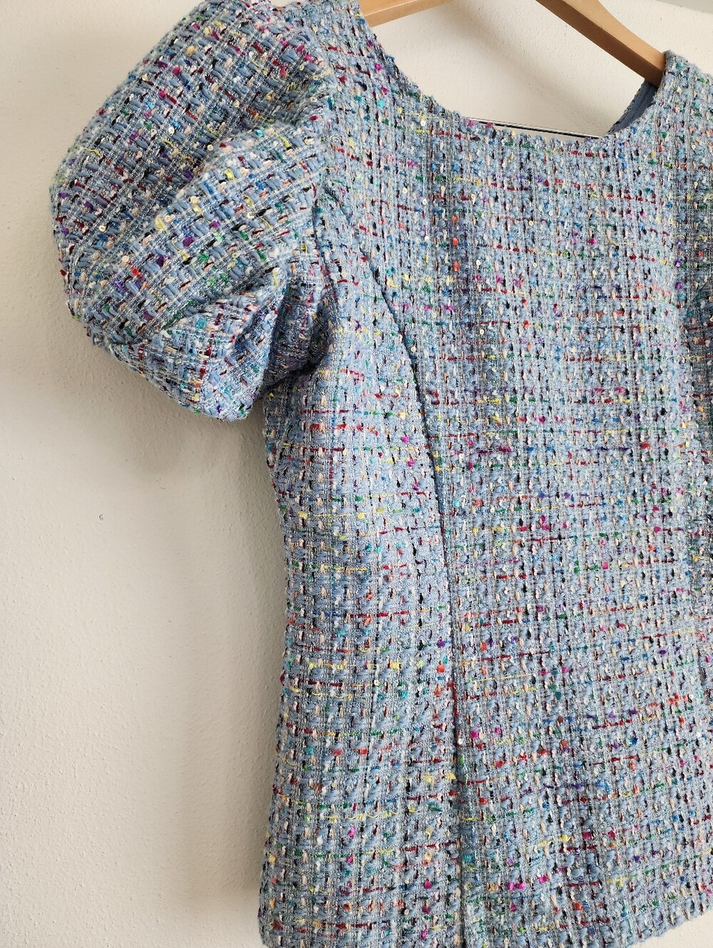 Ivy City Co. Tweed Multicolor Puff Sleeve Blouse Textured Short Sleeve Top XS - Picture 4 of 15